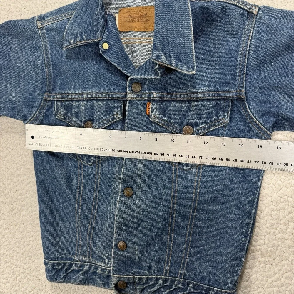VTG 70s Levi's Kids Denim Trucker Jacket Size 12 USA Orange Tab Western Heritage